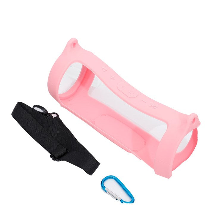 For JBL Charge 4 Bluetooth Speaker Silicone Carrying Case Protective Cover with Shoulder Strap and Carabiner - Pink