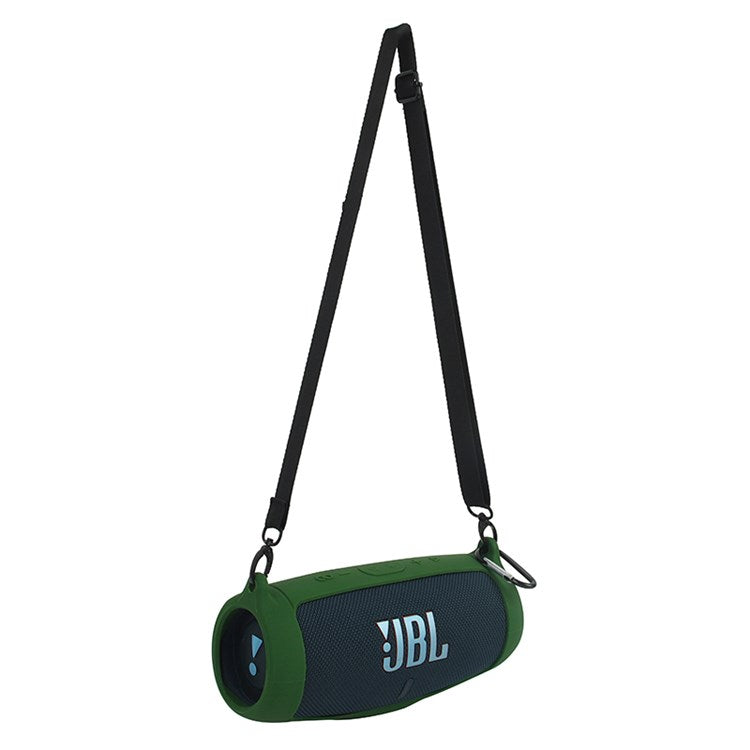 For JBL Charge 5 Silicone Carrying Case Bluetooth Speaker Anti-drop Protective Cover with Shoulder Strap and Carabiner - Army Green