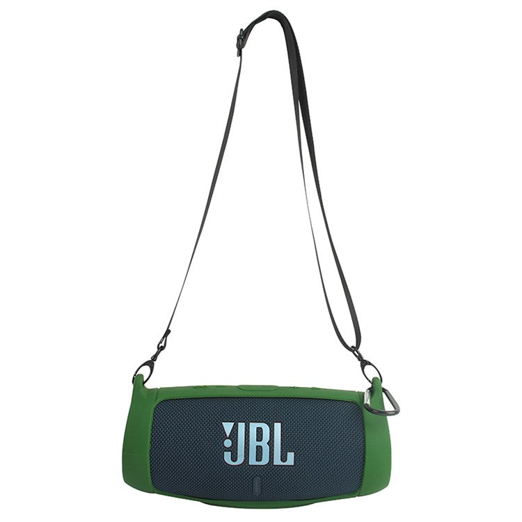 For JBL Charge 5 Silicone Carrying Case Bluetooth Speaker Anti-drop Protective Cover with Shoulder Strap and Carabiner - Army Green