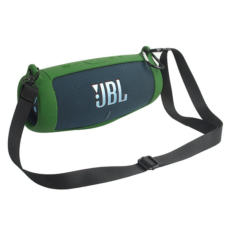 For JBL Charge 5 Silicone Carrying Case Bluetooth Speaker Anti-drop Protective Cover with Shoulder Strap and Carabiner - Army Green