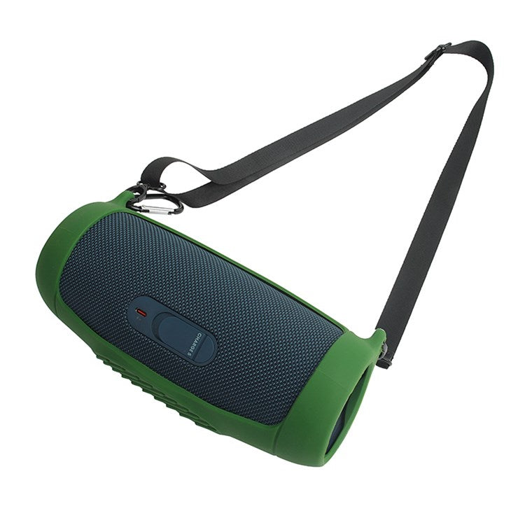 For JBL Charge 5 Silicone Carrying Case Bluetooth Speaker Anti-drop Protective Cover with Shoulder Strap and Carabiner - Army Green