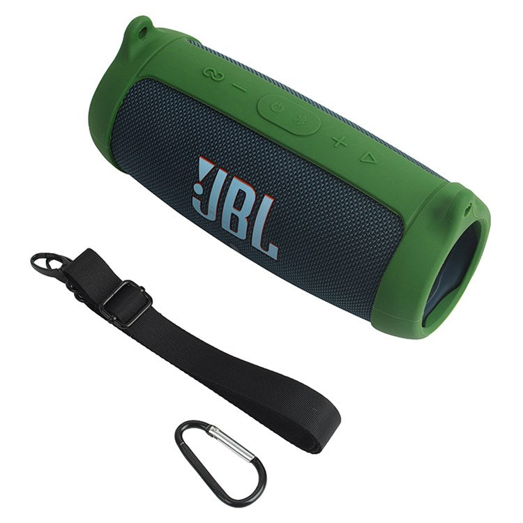 For JBL Charge 5 Silicone Carrying Case Bluetooth Speaker Anti-drop Protective Cover with Shoulder Strap and Carabiner - Army Green