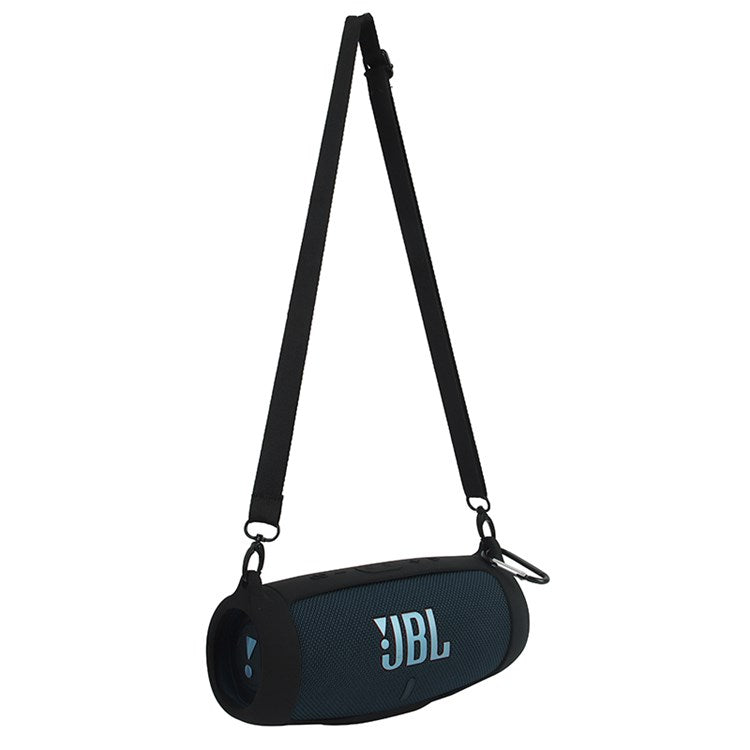 For JBL Charge 5 Silicone Carrying Case Bluetooth Speaker Anti-drop Protective Cover with Shoulder Strap and Carabiner - Black