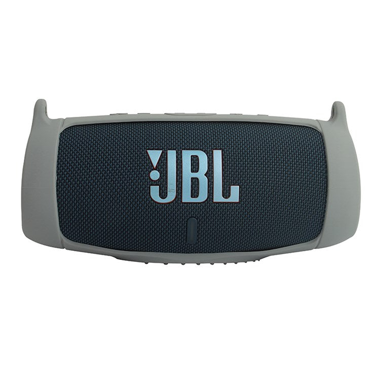 For JBL Charge 5 Silicone Carrying Case Bluetooth Speaker Anti-drop Protective Cover with Shoulder Strap and Carabiner - Grey