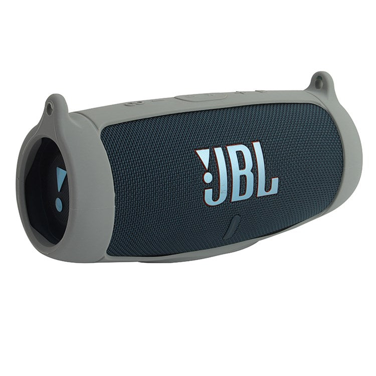 For JBL Charge 5 Silicone Carrying Case Bluetooth Speaker Anti-drop Protective Cover with Shoulder Strap and Carabiner - Grey