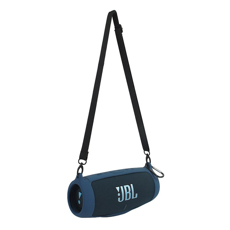 For JBL Charge 5 Silicone Carrying Case Bluetooth Speaker Anti-drop Protective Cover with Shoulder Strap and Carabiner - Navy Blue