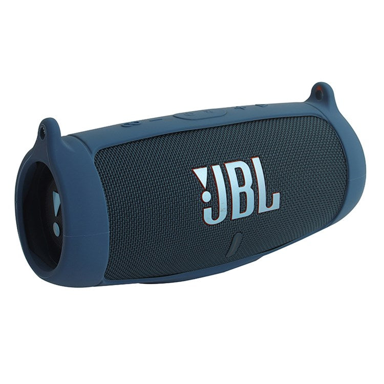 For JBL Charge 5 Silicone Carrying Case Bluetooth Speaker Anti-drop Protective Cover with Shoulder Strap and Carabiner - Navy Blue