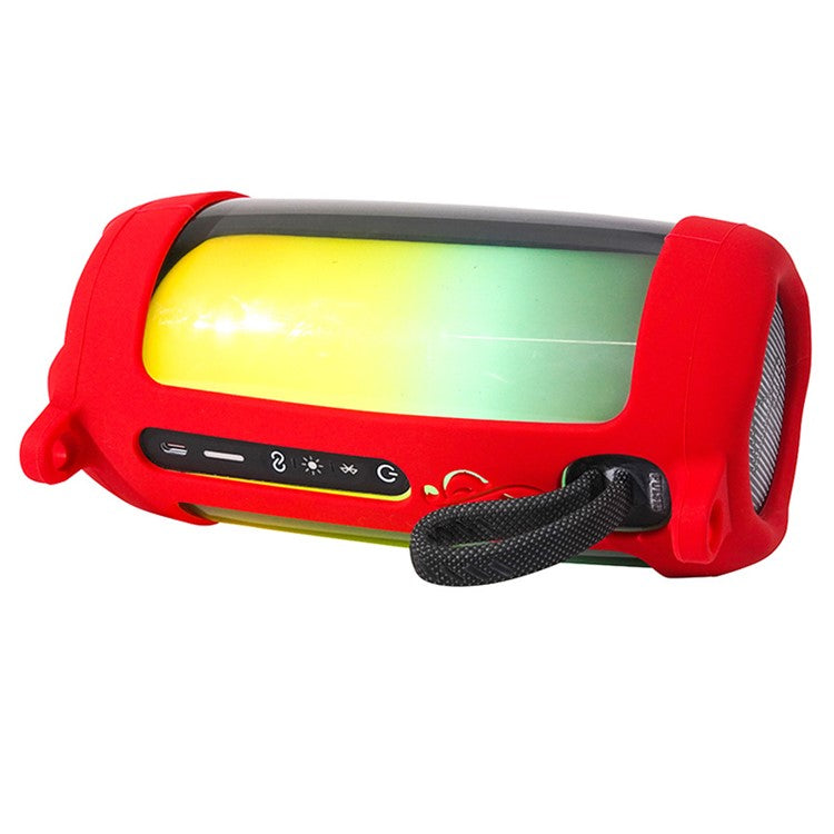 For JBL Pulse5 Soft Silicone Carrying Case Bluetooth Speaker Protective Cover with Shoulder Strap and Carabiner - Red