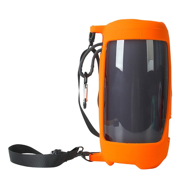 For JBL Pulse5 Soft Silicone Carrying Case Bluetooth Speaker Protective Cover with Shoulder Strap and Carabiner - Orange