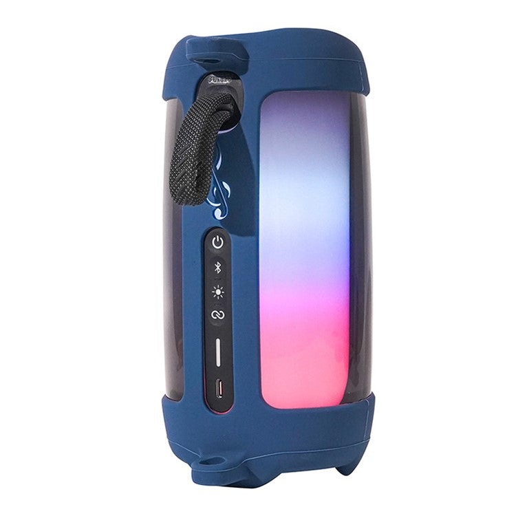 For JBL Pulse5 Soft Silicone Carrying Case Bluetooth Speaker Protective Cover with Shoulder Strap and Carabiner - Navy Blue