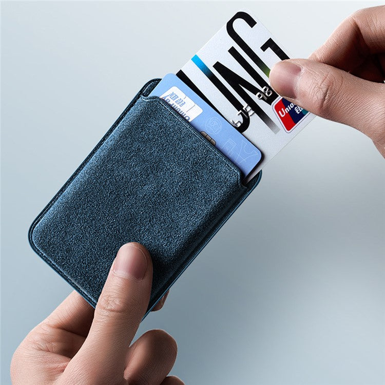 Suede Leather Phone Secure Credit Card Holder for iPhone 14 / 13 / 12 Series Magnetic Card Bag - Navy Blue