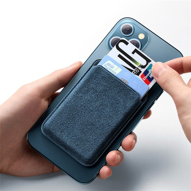 Suede Leather Phone Secure Credit Card Holder for iPhone 14 / 13 / 12 Series Magnetic Card Bag - Navy Blue