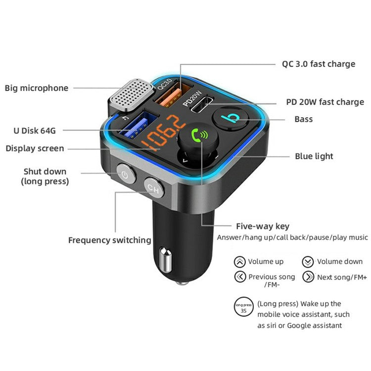 BT23 Dual USB Digital Display Car Bluetooth MP3 Music Player FM Transmitter QC3.0 PD 20W Fast Charging Phone Charger