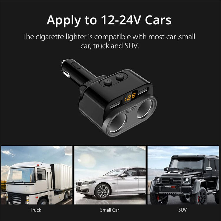 4.8A Dual USB Car Charger LCD Display 12-24V Type-C Cigarette Socket Lighter