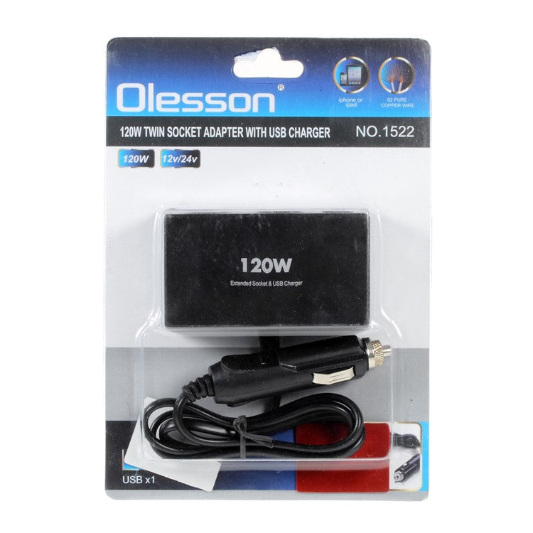 OLESSON NO.1522 120W 2-Way Cigarette Lighter Socket Splitter with USB Car Charger