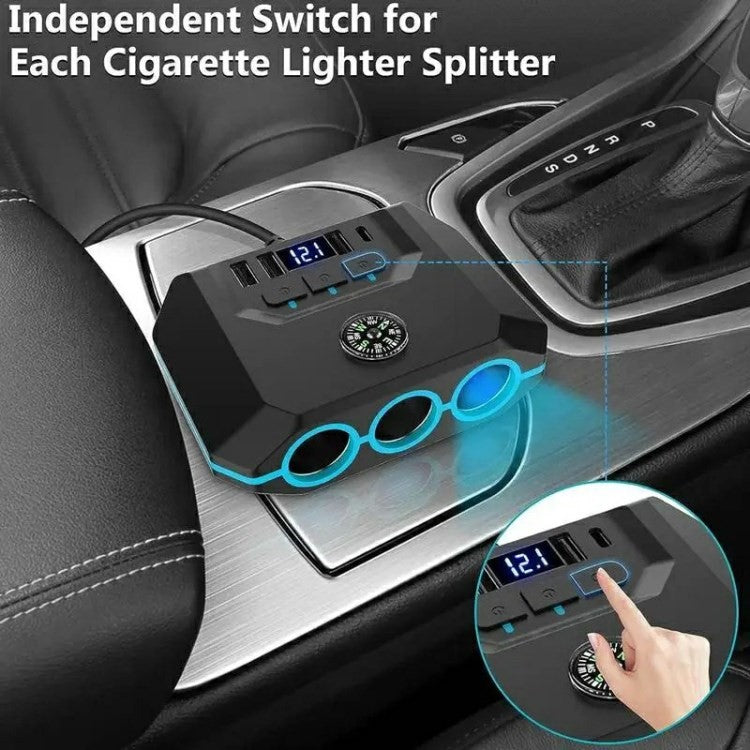 3 USB + 1 Type-C Car Charger 3 Cigarette Lighter Sockets Charging Adapter - Black