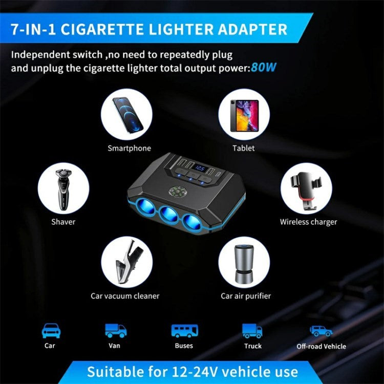 3 USB + 1 Type-C Car Charger 3 Cigarette Lighter Sockets Charging Adapter - Black