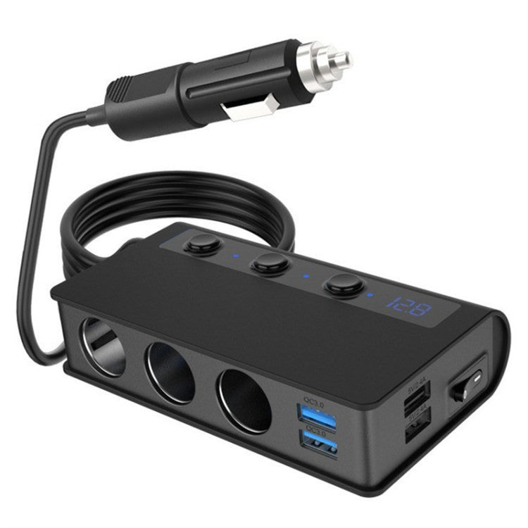 180W Car Charger 3 Cigarette Lighter Sockets 4 USB Ports QC3.0 Phone Fast Charging Adapter - Black