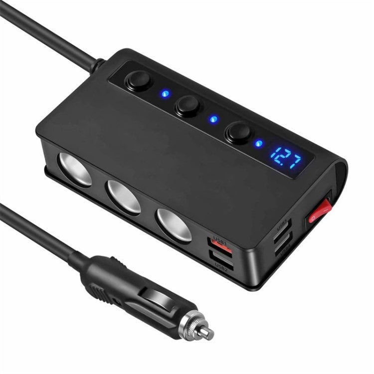 180W Car Charger 3 Cigarette Lighter Sockets 4 USB Ports QC3.0 Phone Fast Charging Adapter - Black