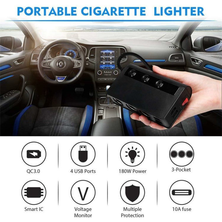 180W Car Charger 3 Cigarette Lighter Sockets 4 USB Ports QC3.0 Phone Fast Charging Adapter - Black