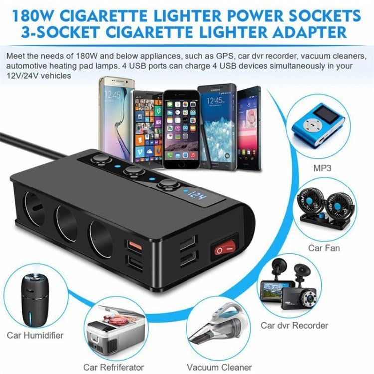 180W Car Charger 3 Cigarette Lighter Sockets 4 USB Ports QC3.0 Phone Fast Charging Adapter - Black