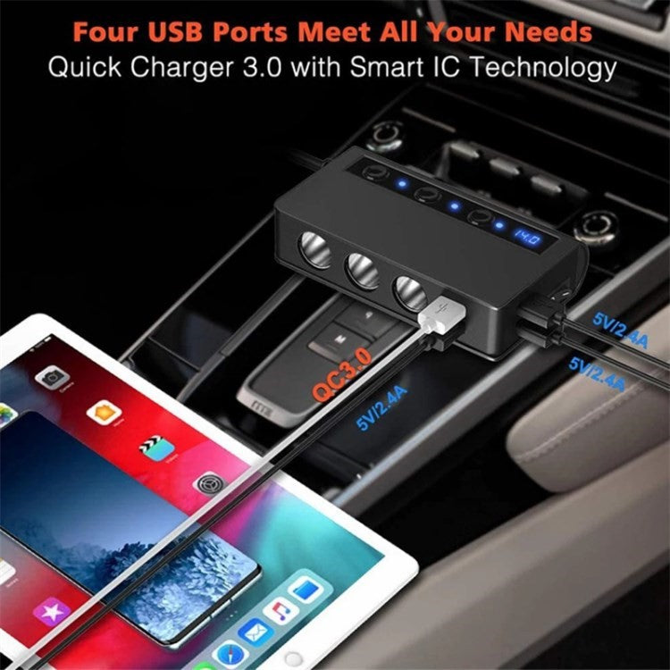 180W Car Charger 3 Cigarette Lighter Sockets 4 USB Ports QC3.0 Phone Fast Charging Adapter - Black