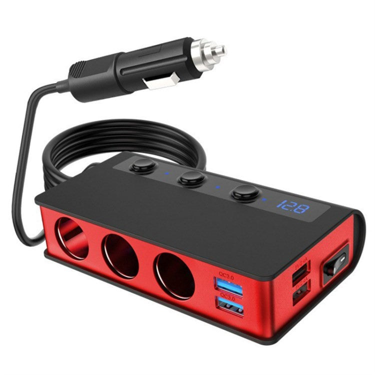 180W Car Charger 3 Cigarette Lighter Sockets 4 USB Ports QC3.0 Phone Fast Charging Adapter - Black  /  Red