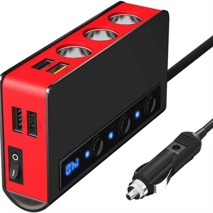 180W Car Charger 3 Cigarette Lighter Sockets 4 USB Ports QC3.0 Phone Fast Charging Adapter - Black  /  Red