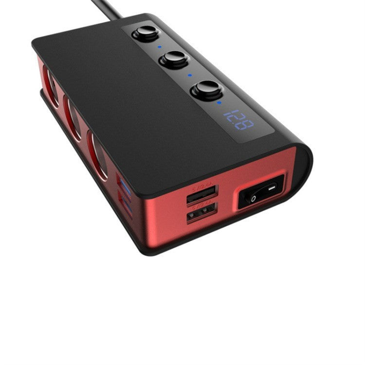 180W Car Charger 3 Cigarette Lighter Sockets 4 USB Ports QC3.0 Phone Fast Charging Adapter - Black  /  Red