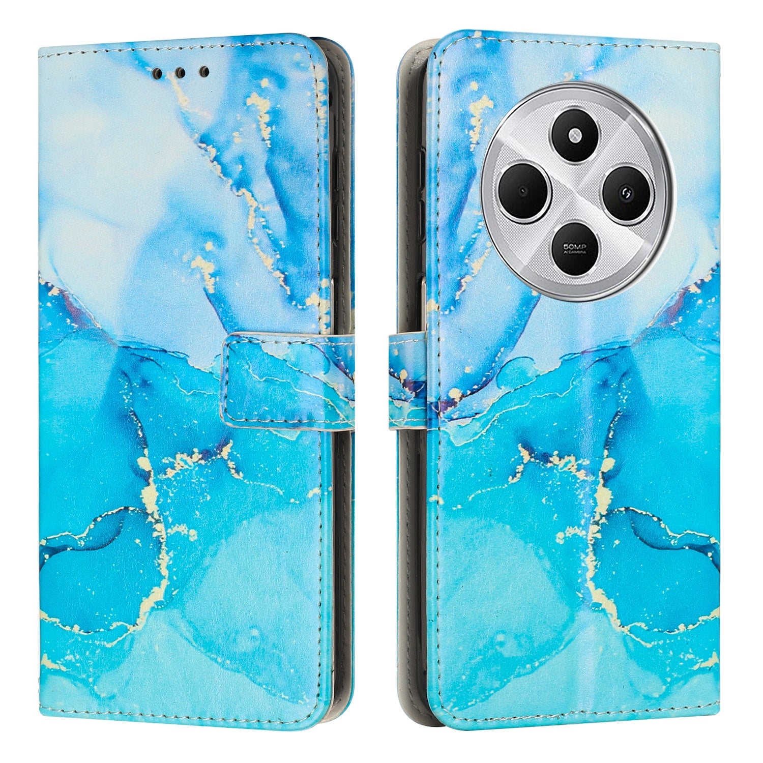 For Redmi 14C 4G / A3 Pro Painted Marble Pattern Leather Phone Case(Blue Green)