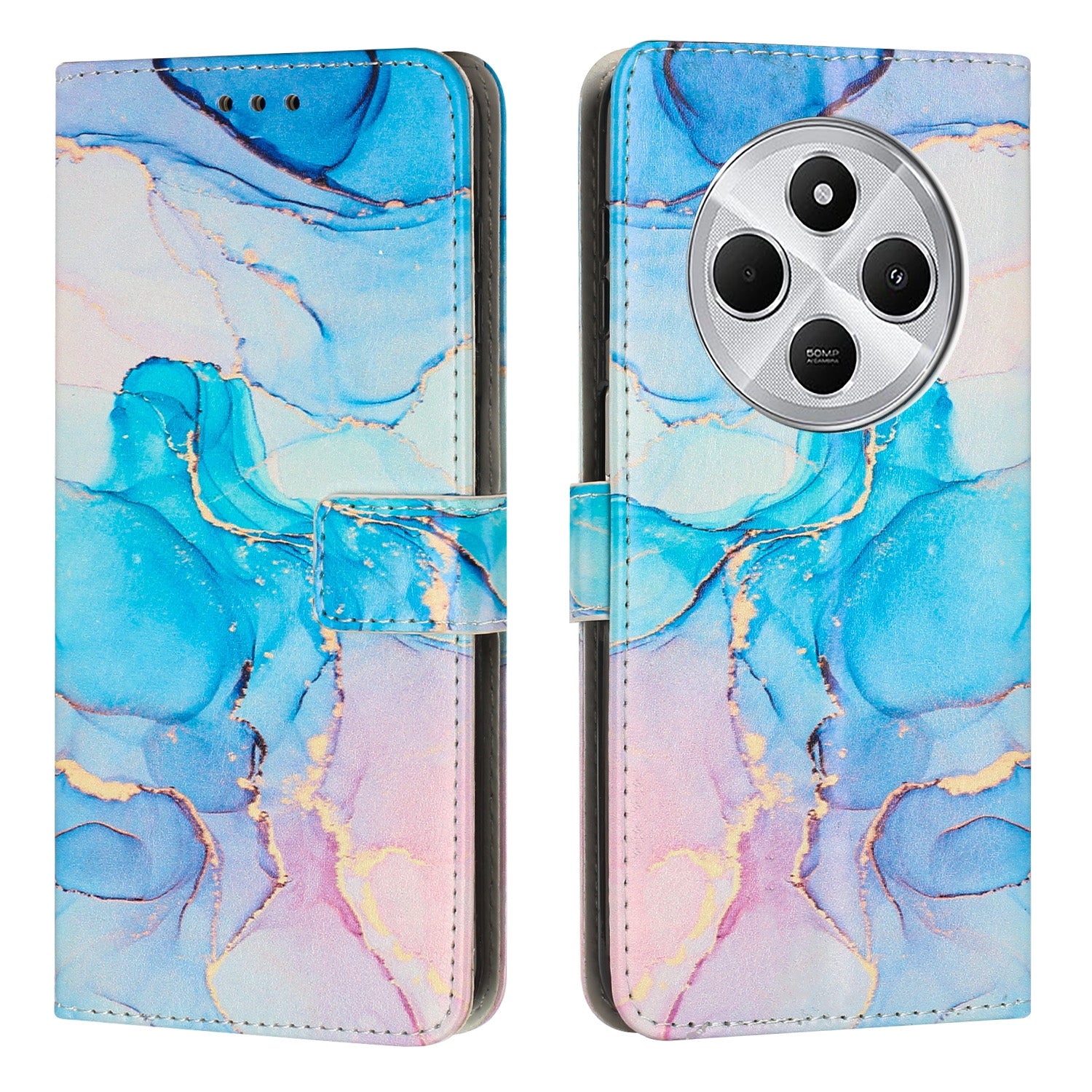 For Redmi 14C 4G / A3 Pro Painted Marble Pattern Leather Phone Case(Pink Green)