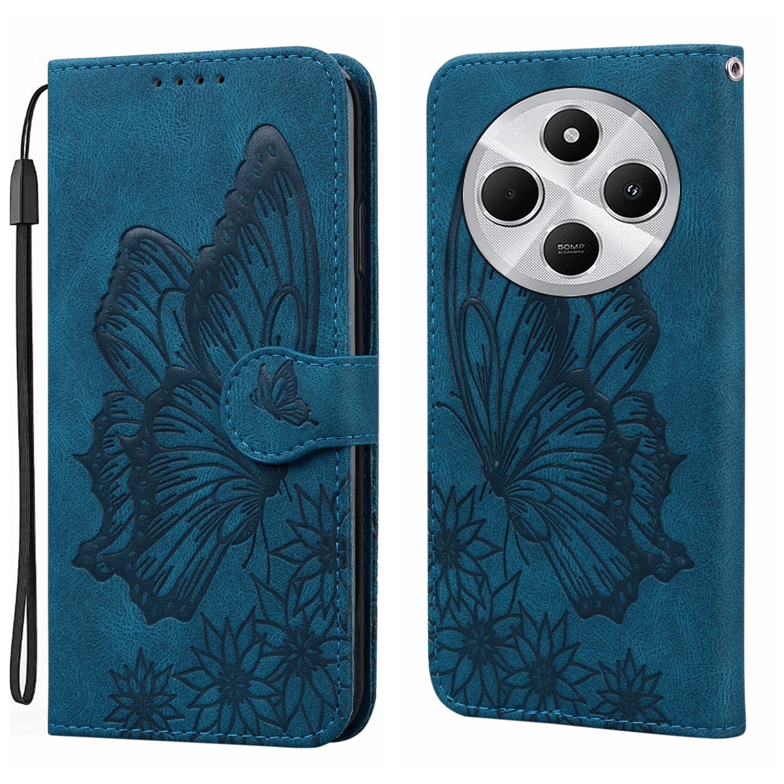 For Redmi 14C 4G Retro Skin Feel Butterflies Embossing Horizontal Flip Leather Phone Case(Blue)