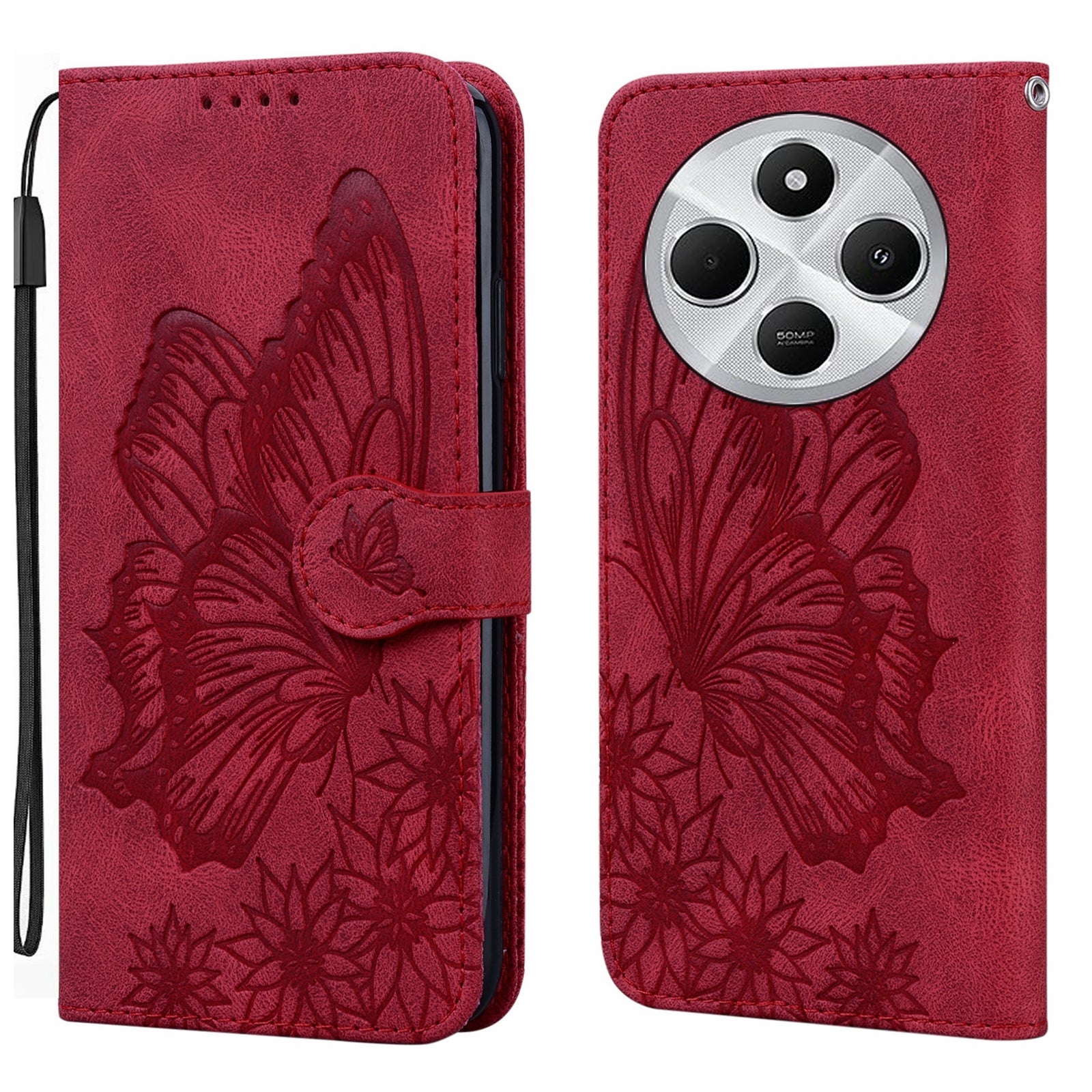 For Redmi 14C 4G Retro Skin Feel Butterflies Embossing Horizontal Flip Leather Phone Case(Red)