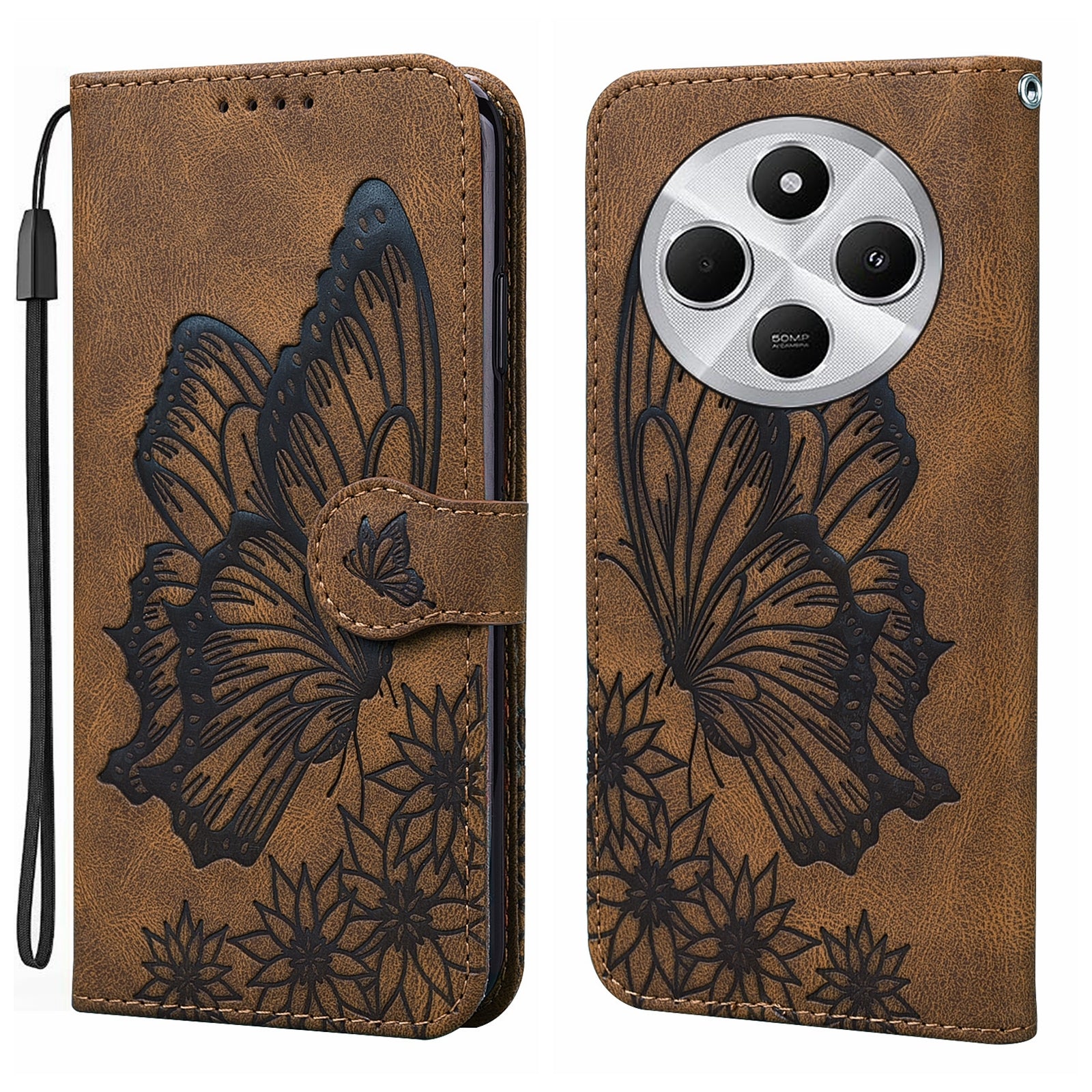 For Redmi 14C 4G Retro Skin Feel Butterflies Embossing Horizontal Flip Leather Phone Case(Brown)