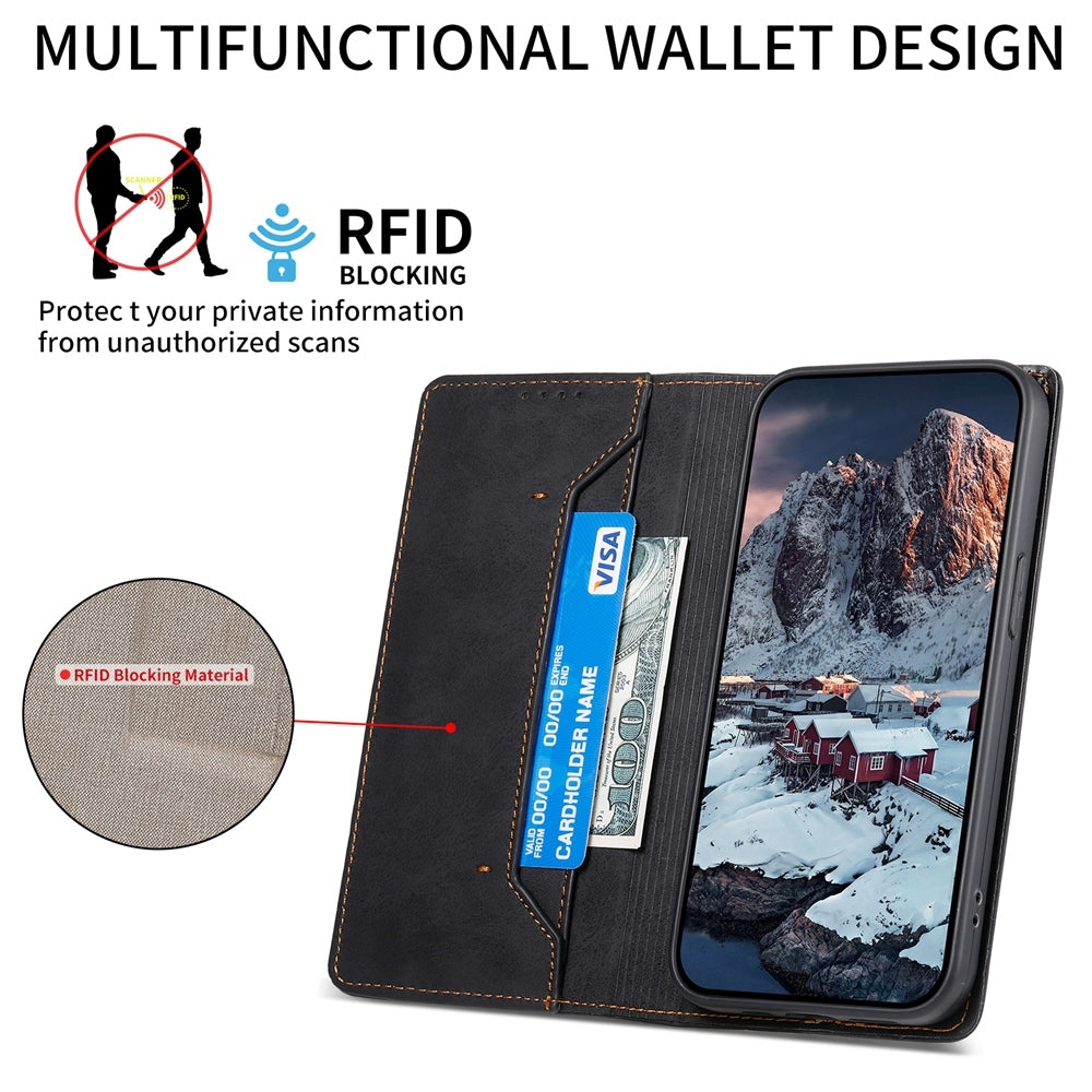 For Redmi 14C 4G Business Solid Color Magnetic RFID Leather Phone Case(Black)