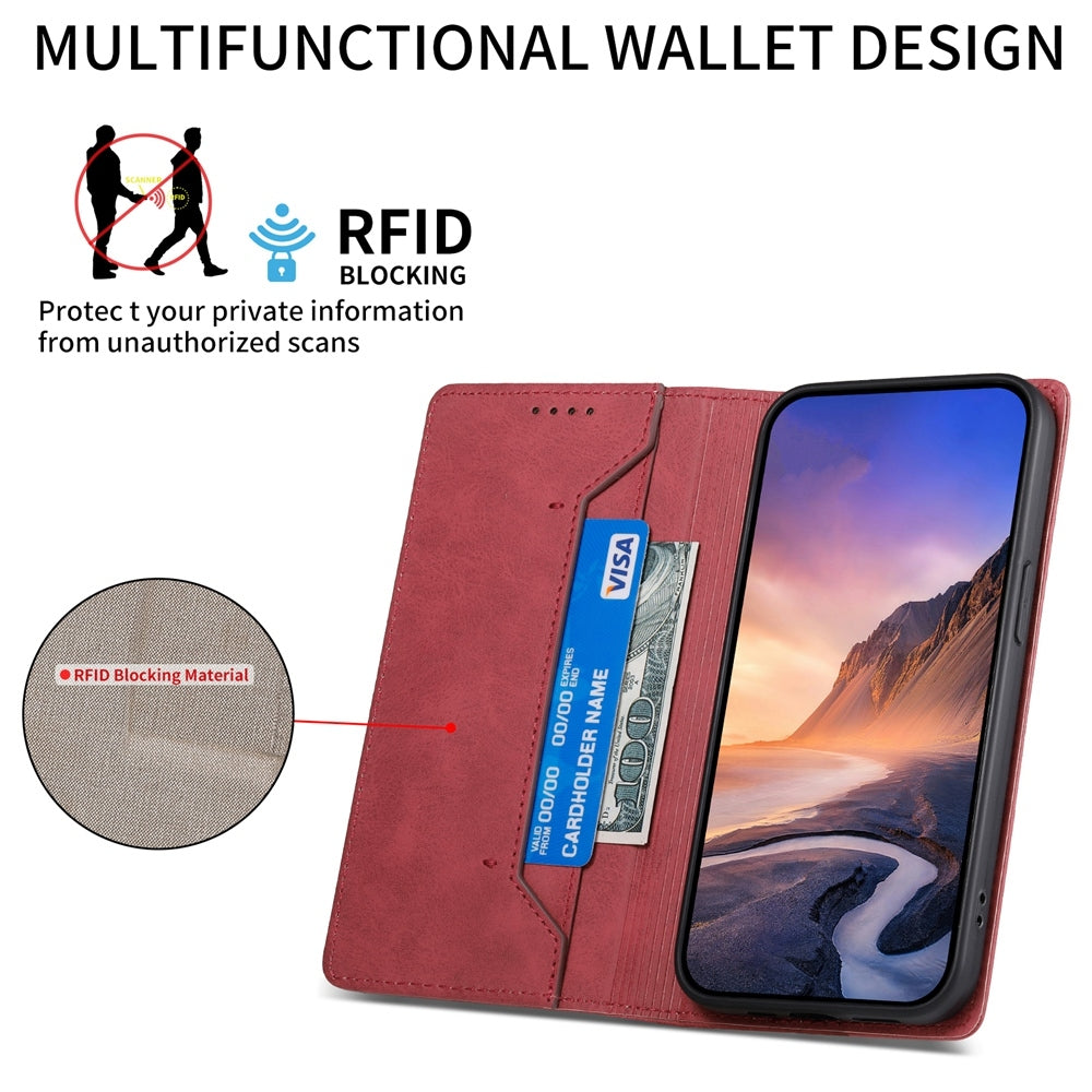 For Redmi 14C 4G Business Solid Color Magnetic RFID Leather Phone Case(Red)