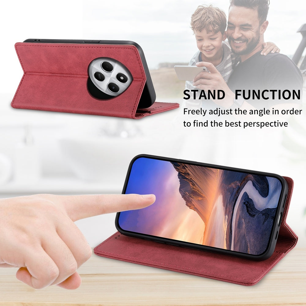 For Redmi 14C 4G Business Solid Color Magnetic RFID Leather Phone Case(Red)