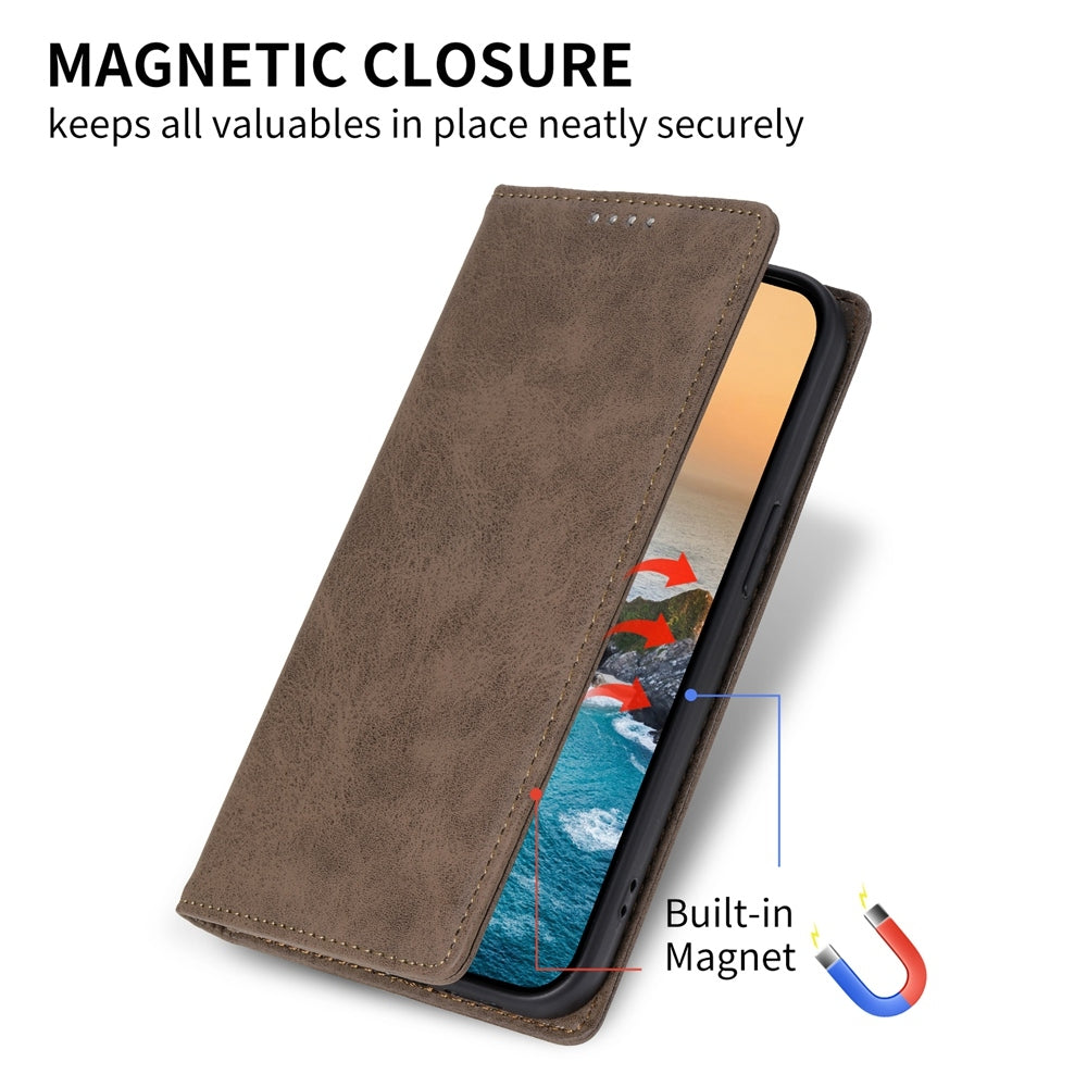 For Redmi 14C 4G Business Solid Color Magnetic RFID Leather Phone Case(Brown)