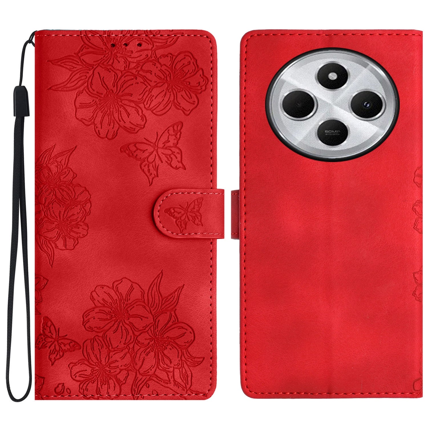 For Redmi 14C 4G Cherry Blossom Butterfly Skin Feel Embossed PU Phone Case(Red)