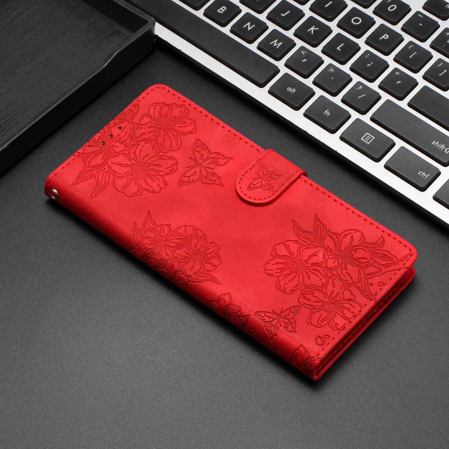 For Redmi 14C 4G Cherry Blossom Butterfly Skin Feel Embossed PU Phone Case(Red)