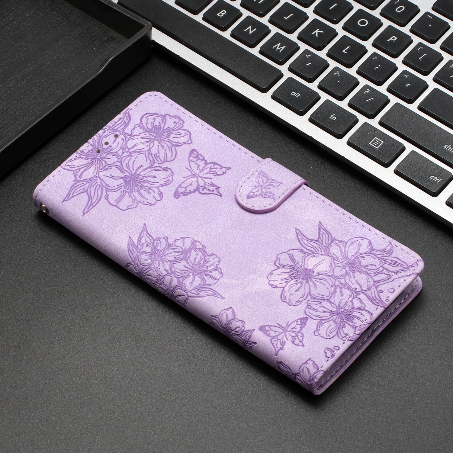 For Redmi 14C 4G Cherry Blossom Butterfly Skin Feel Embossed PU Phone Case(Purple)