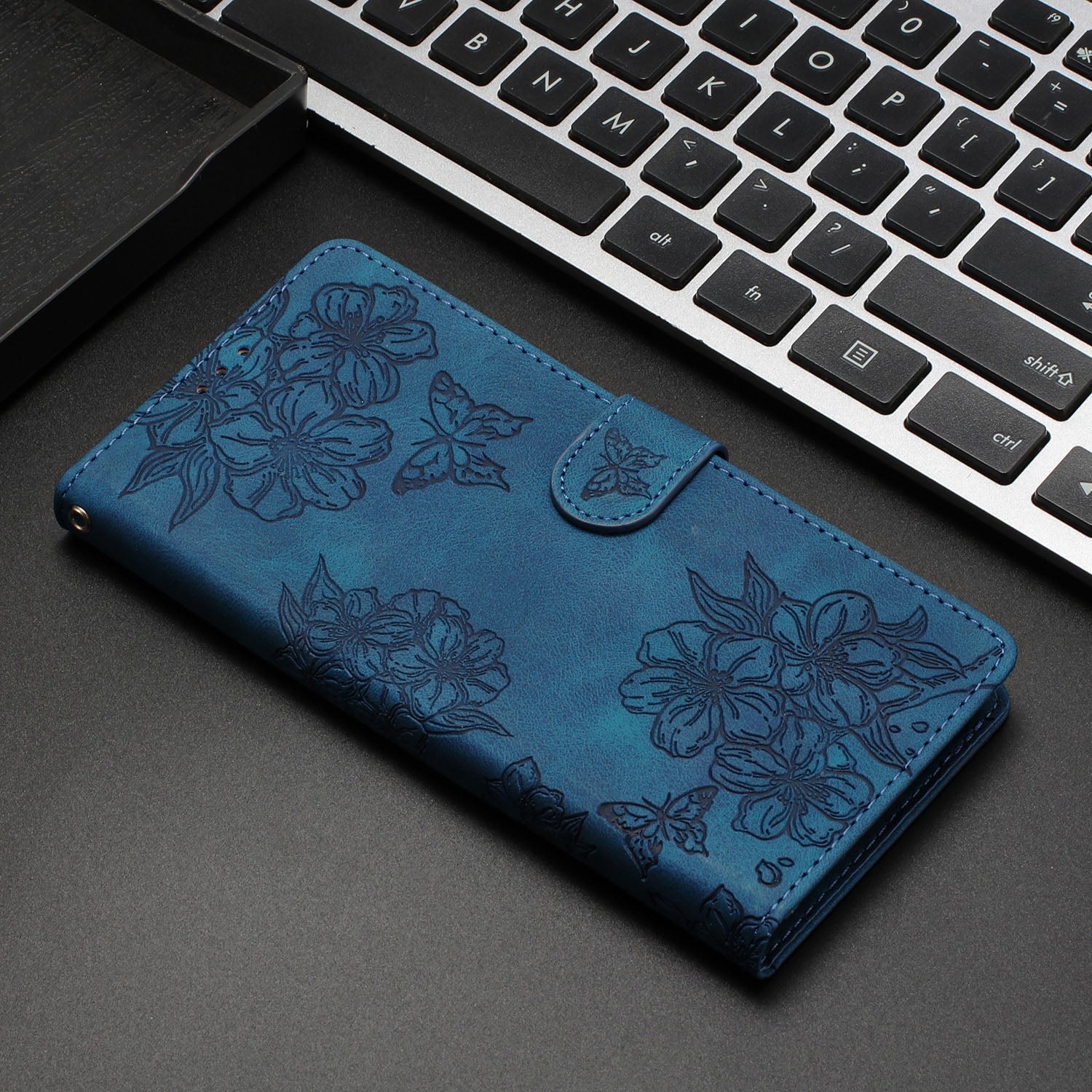 For Redmi 14C 4G Cherry Blossom Butterfly Skin Feel Embossed PU Phone Case(Blue)