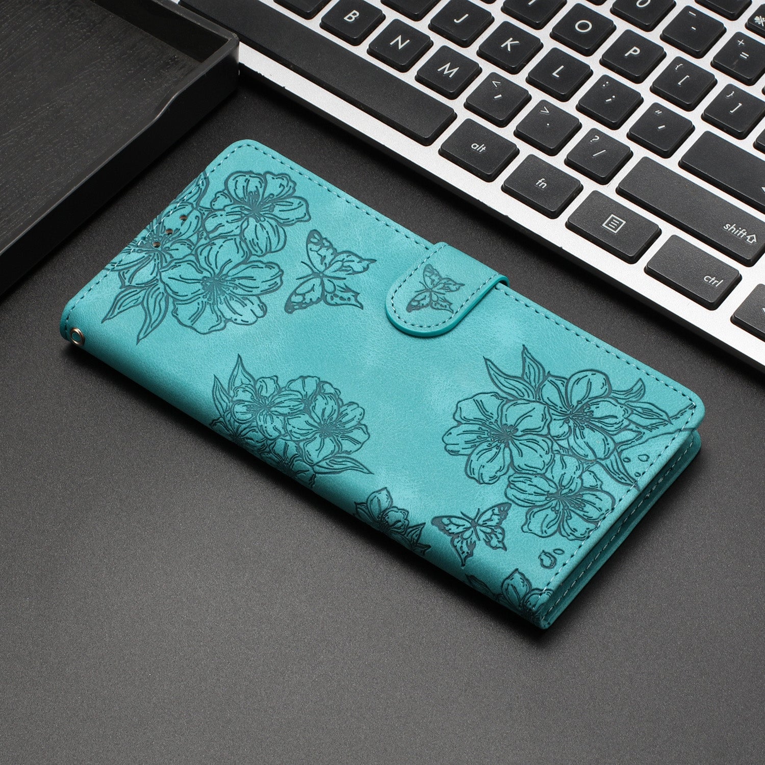 For Redmi 14C 4G Cherry Blossom Butterfly Skin Feel Embossed PU Phone Case(Green)