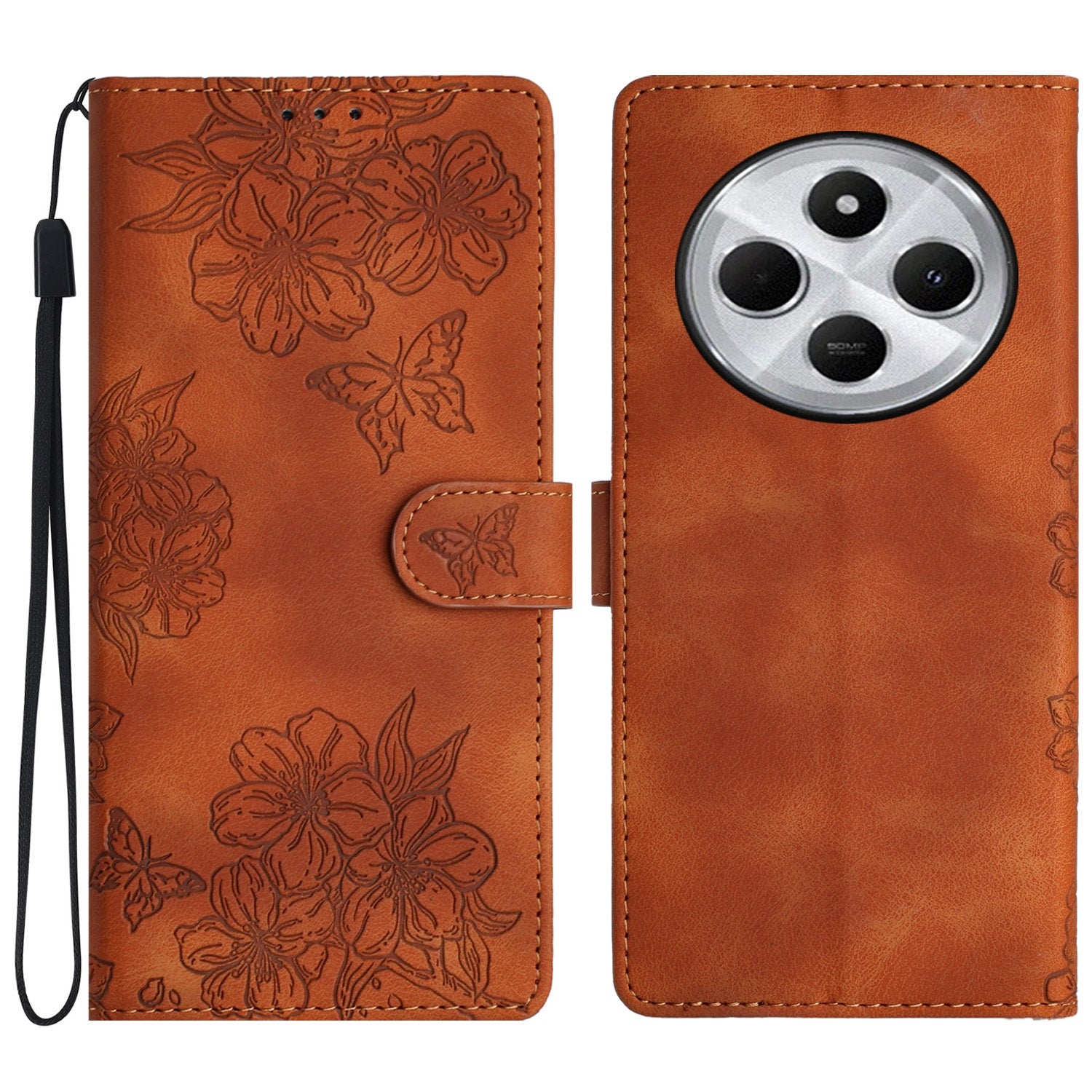 For Redmi 14C 4G Cherry Blossom Butterfly Skin Feel Embossed PU Phone Case(Brown)