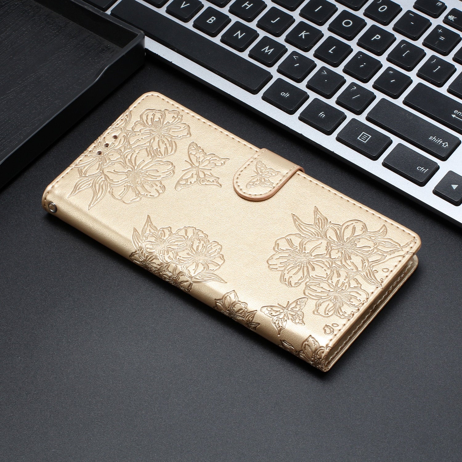 For Redmi 14C 4G Cherry Blossom Butterfly Skin Feel Embossed PU Phone Case(Gold)