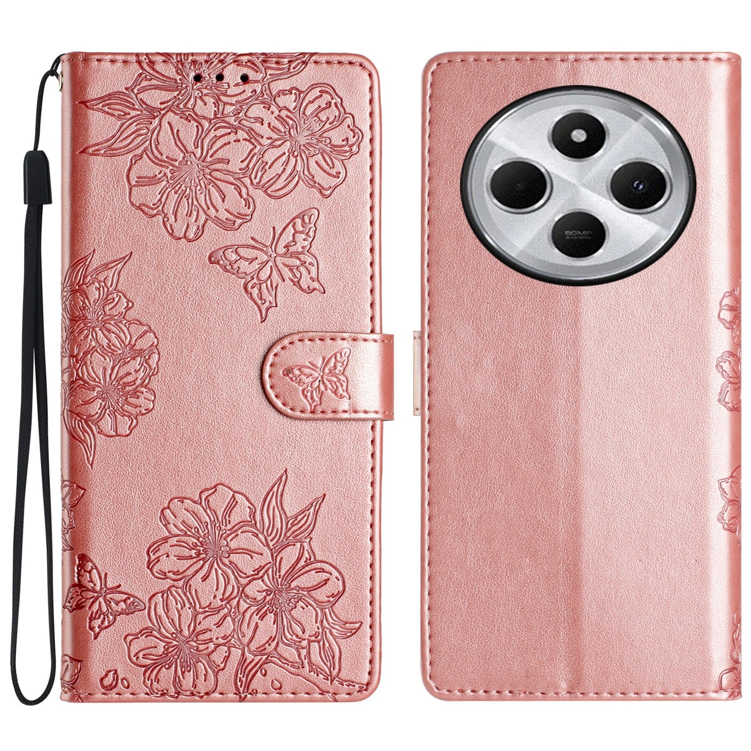 For Redmi 14C 4G Cherry Blossom Butterfly Skin Feel Embossed PU Phone Case(Rose Gold)