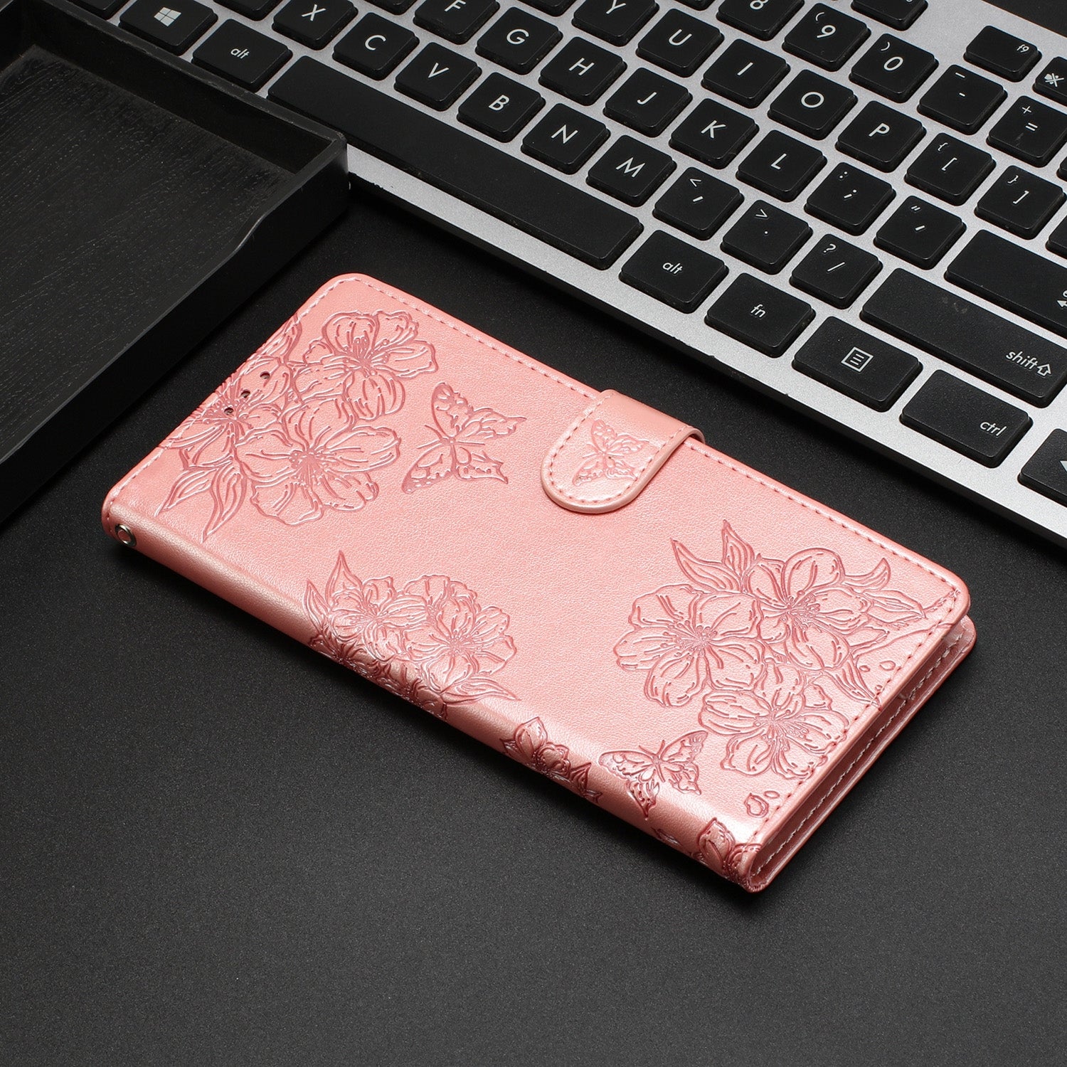 For Redmi 14C 4G Cherry Blossom Butterfly Skin Feel Embossed PU Phone Case(Rose Gold)