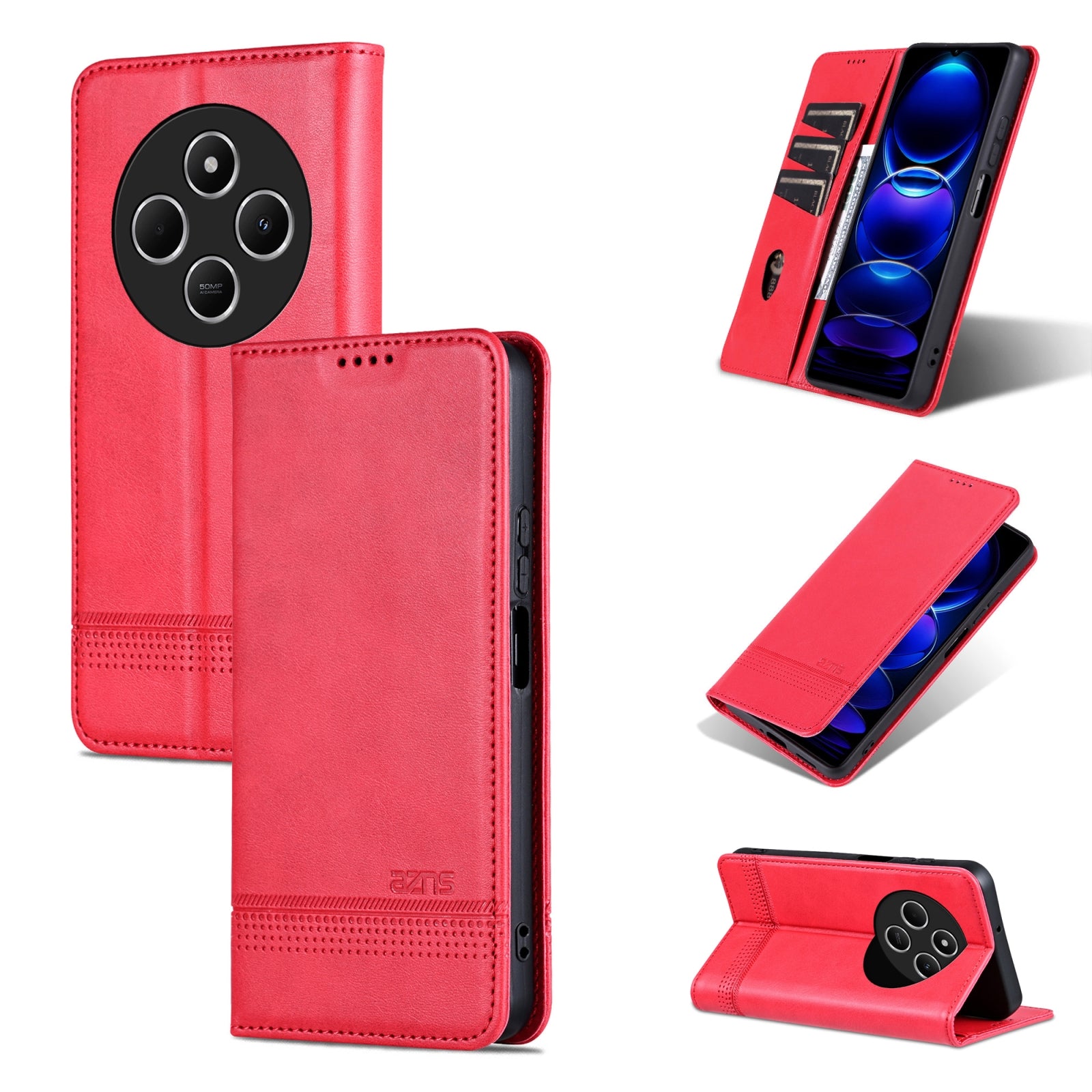 For Redmi 14C 4G AZNS Magnetic Calf Texture Flip Leather Phone Case(Red)