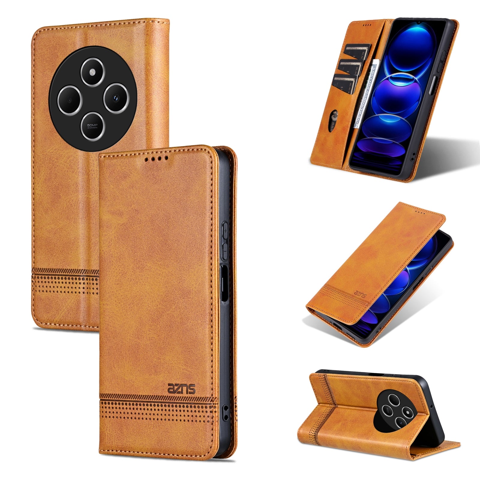 For Redmi 14C 4G AZNS Magnetic Calf Texture Flip Leather Phone Case(Light Brown)