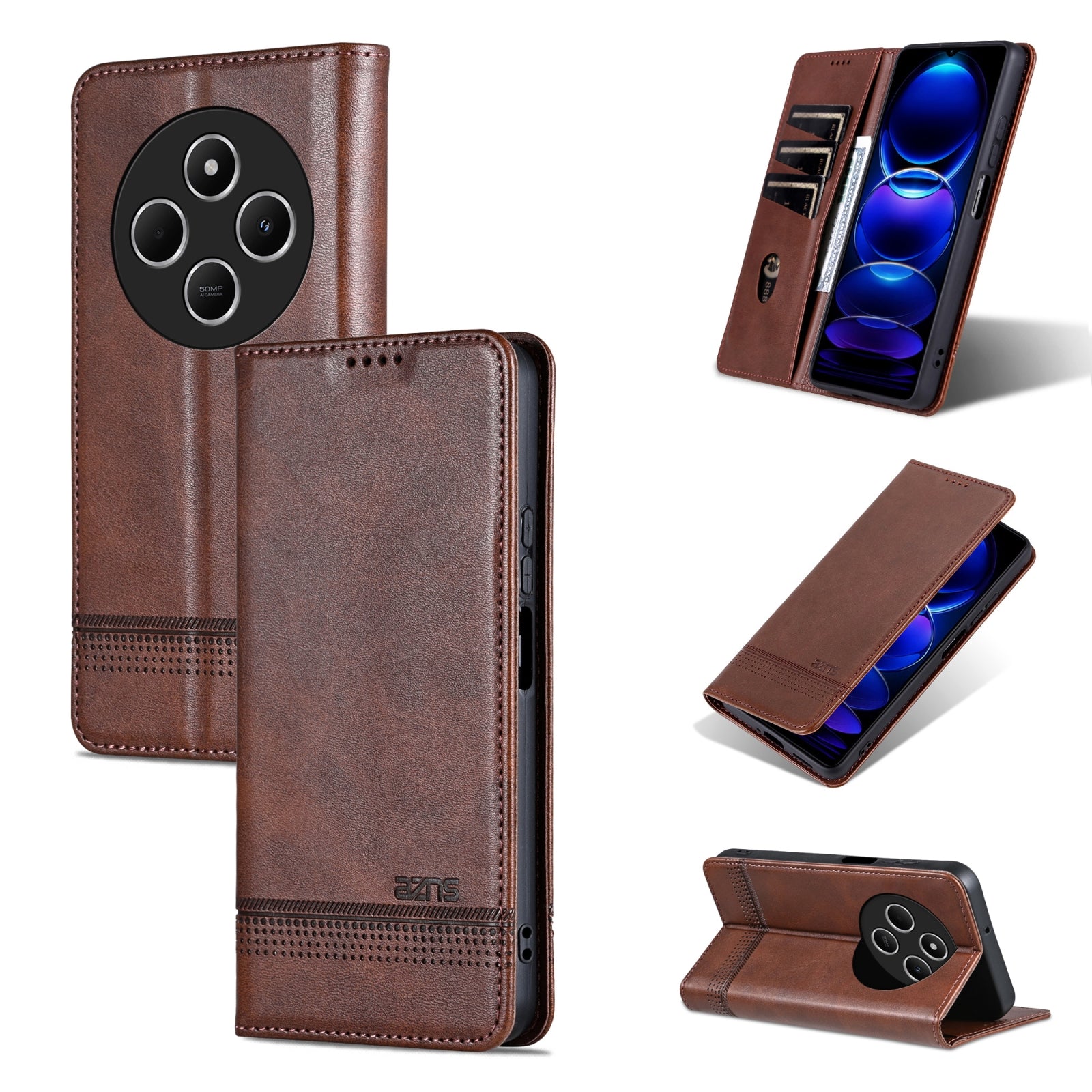 For Redmi 14C 4G AZNS Magnetic Calf Texture Flip Leather Phone Case(Dark Brown)